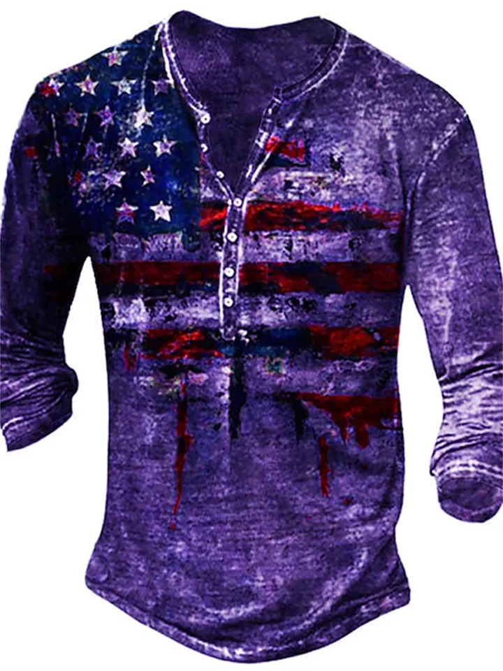 Men's Henley Shirt T shirt Tee Tee Graphic American Flag Henley Green Black Purple Yellow Light gray Plus Size Street Casual Long Sleeve Button-Down Print Clothing Apparel Basic Vintage Casual Classic | 168DEAL