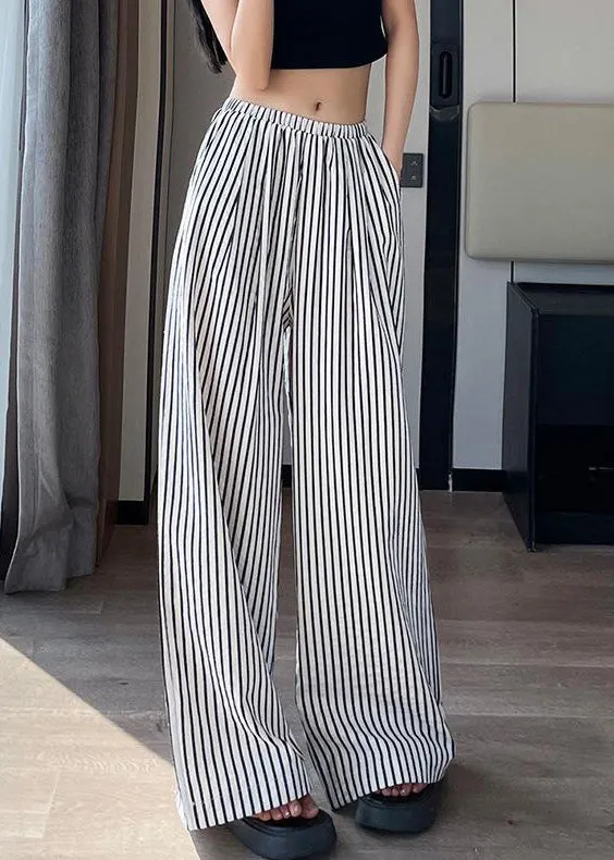New White Striped Pockets High Waist Cotton Pants Summer