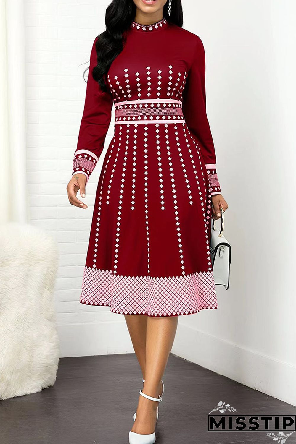 Olive Green Casual Print Polka Dot Patchwork O Neck A Line Dresses
