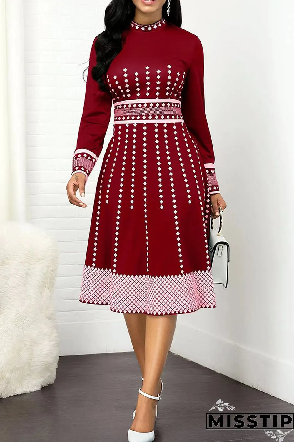 Olive Green Casual Print Polka Dot Patchwork O Neck A Line Dresses