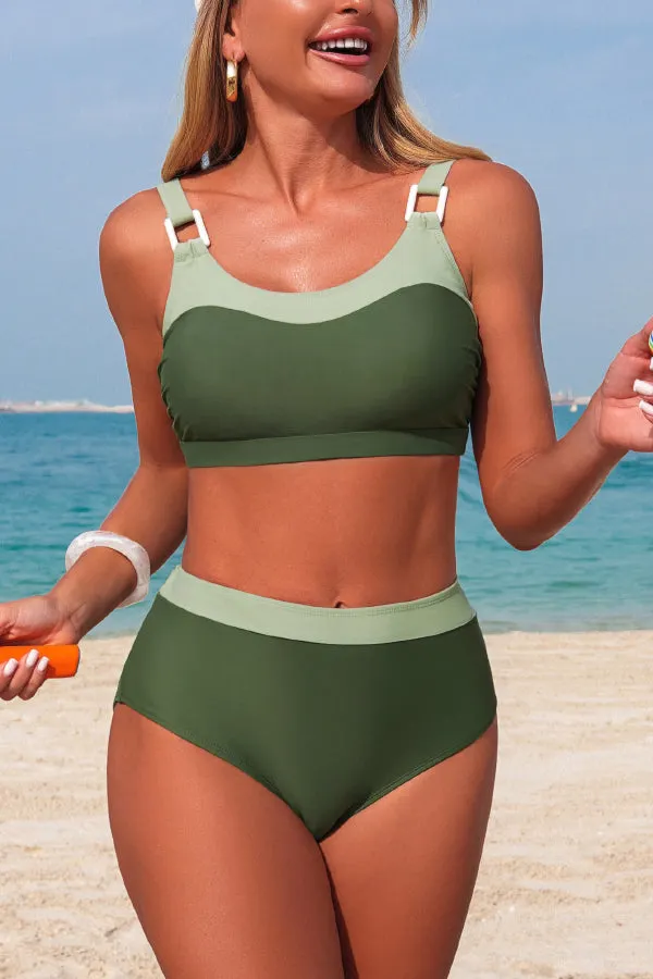 Stylish Color-blocked U-neck High-waisted Two-piece Stretch Bikini Swimsuit