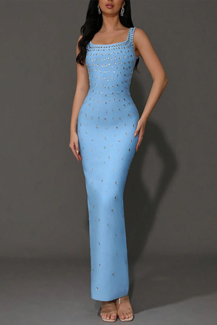 Rhinestone Embellished Square Neck Sleeveless Maxi Dress-Sky Blue