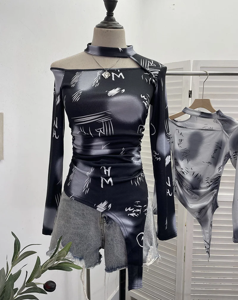 Churchf Long-Sleeved Irregular Design Small T-Shirt Women's Autumn Dress Print Hollow Tight Hottie Top 1108