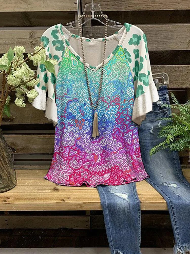Women's Summer Fashion Purple Print Loose Short Sleeve T-Shirt