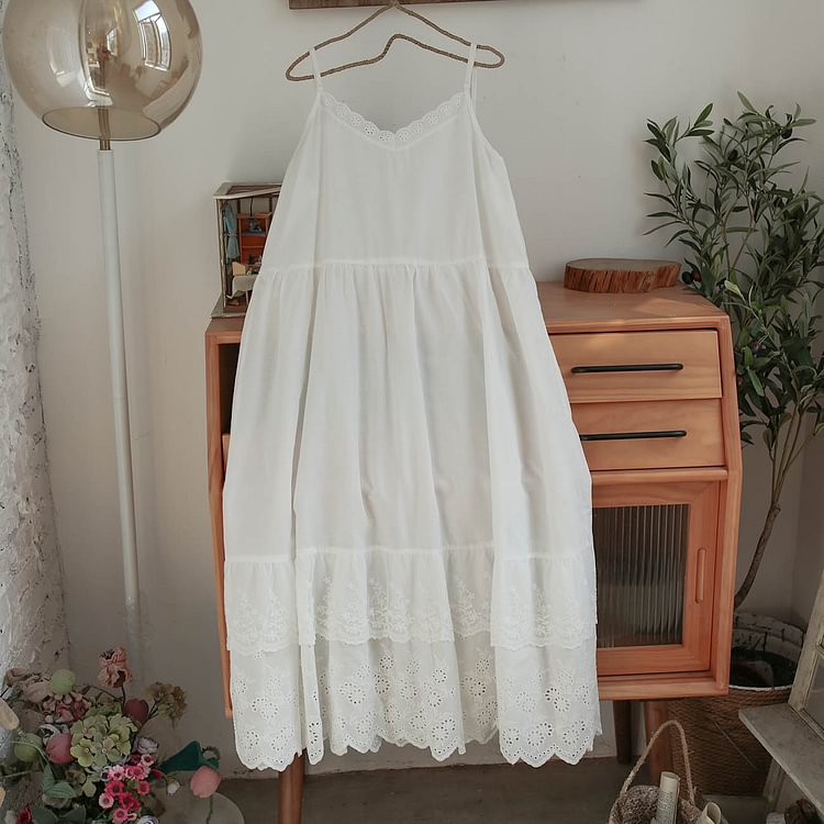 Queenfunky cottagecore style Cotton Lace Bottoming Slip Dress QueenFunky