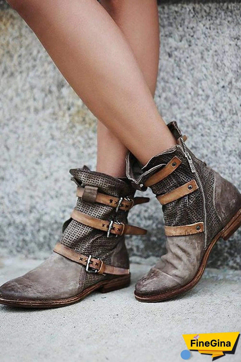 Boho Leather Buckle Ankle Flat Boot