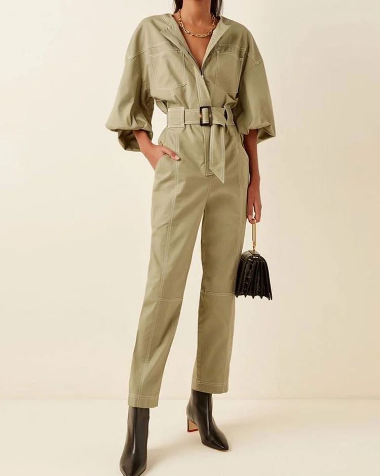Puff-Sleeve Stretch-Cotton Jumpsuit