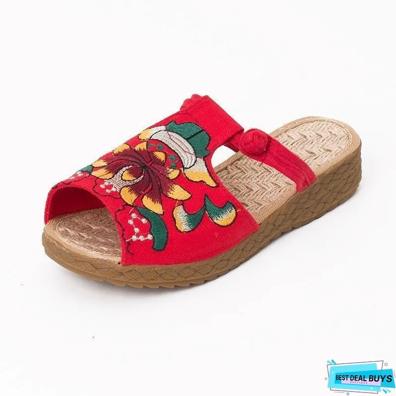 Ethnic Style Wedge with Non-slip Fish Mouth Type Embroidered Sandals and Slippers