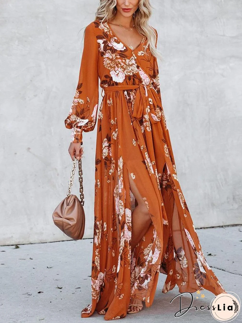 Orange Long Flower Print Dress