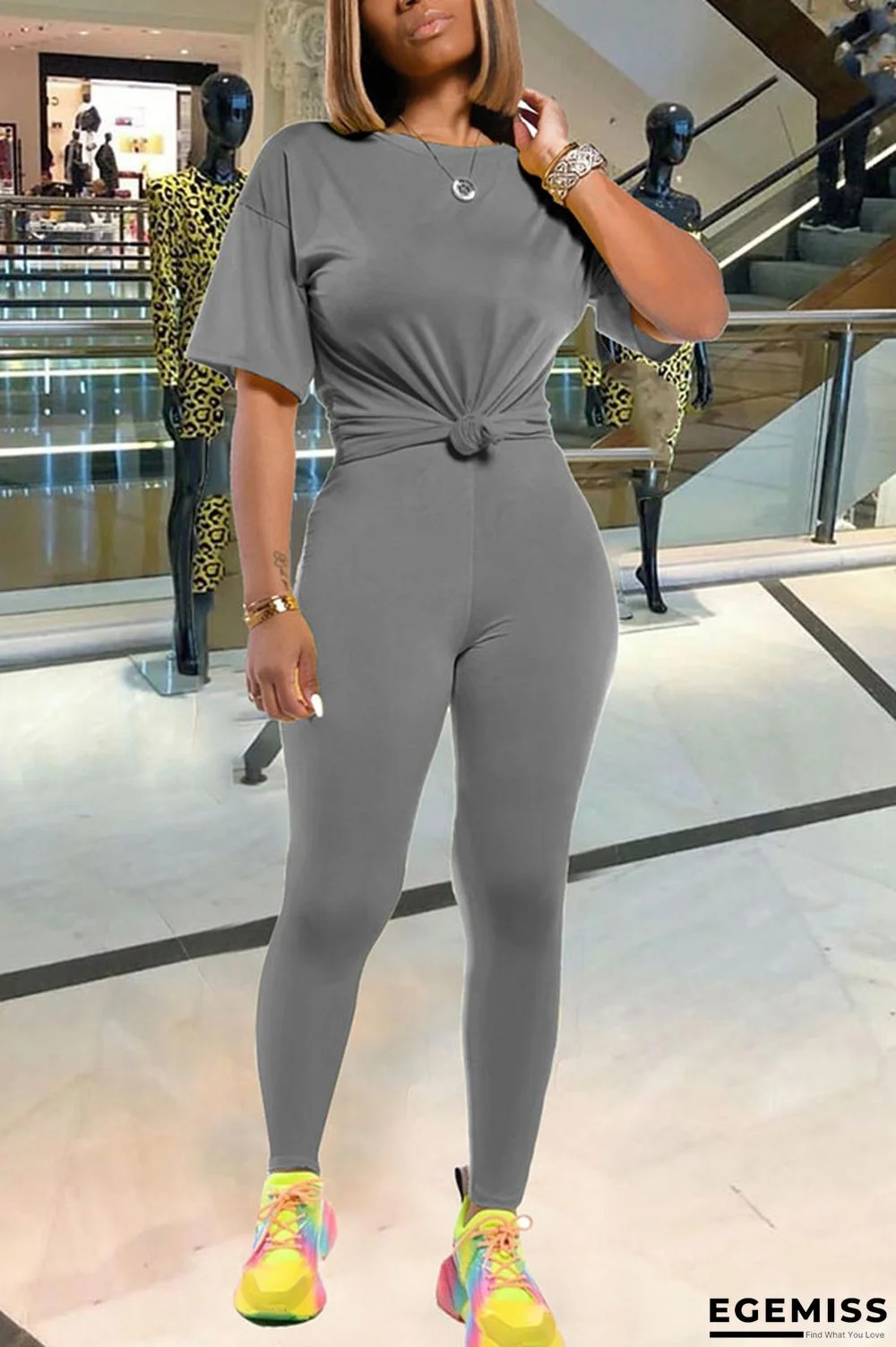 Grey Fashion Casual adult Ma'am Solid Two Piece Suits pencil Short Sleeve Two Pieces | EGEMISS