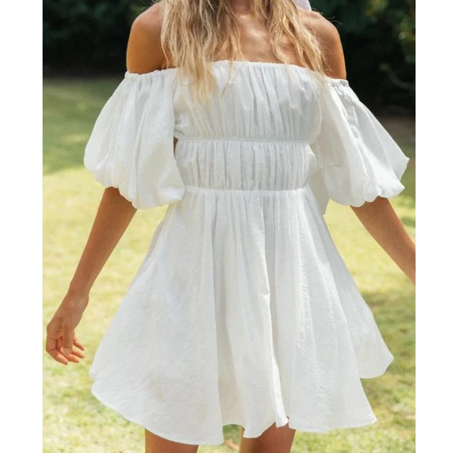 wsevypo Off Shoulder Flared Mini Dress Summer Women Solid Color Short Lantern Sleeve Short A-Line Party Vacation Beach Clothes