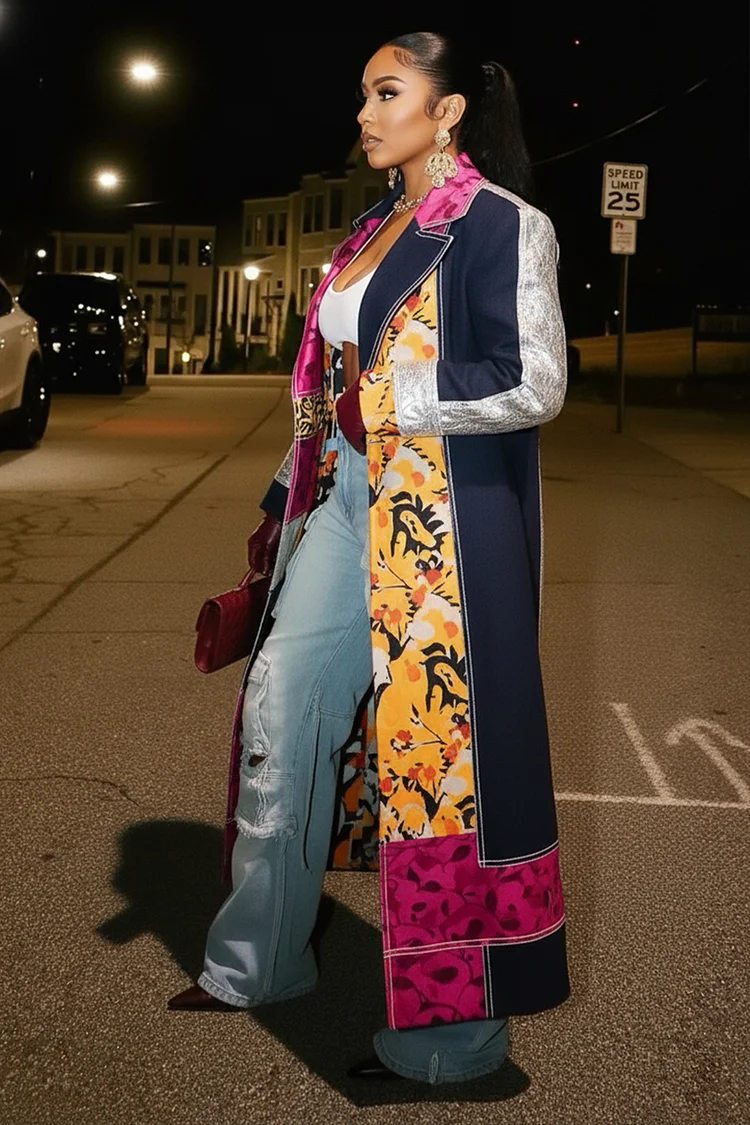 Floral Colorblock Patchwork Notch Lapel Overcoat-Multicolor [Pre Order]