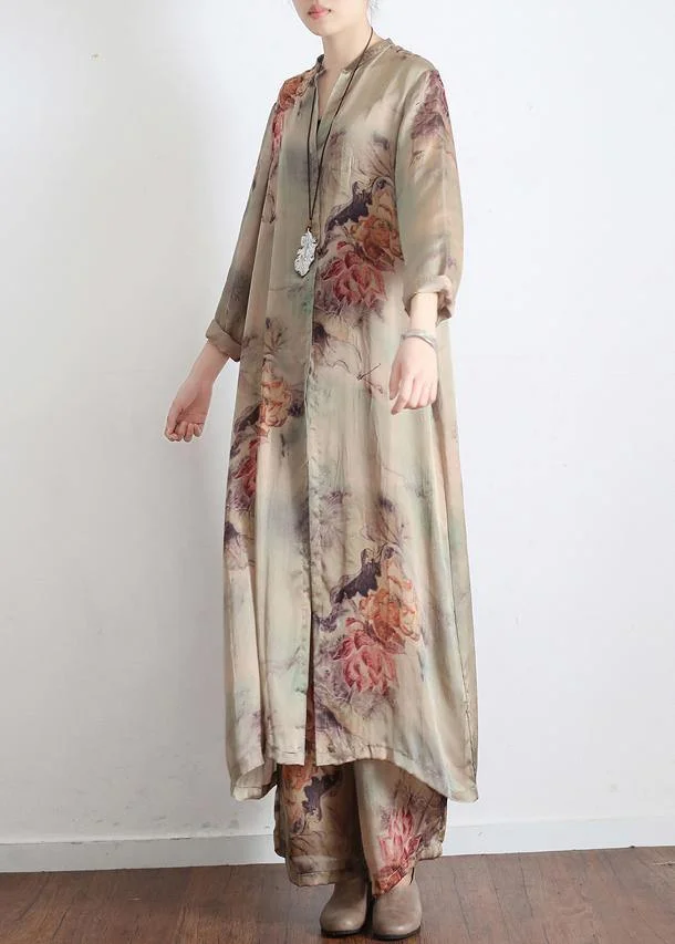 2021 Spring Loose Print Silk Satin Split Long Sleeve Shirt + Wide Leg Pants