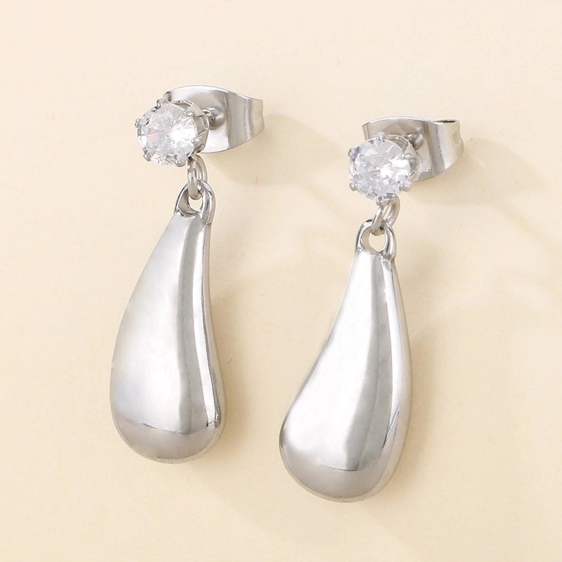 1 Pair Minimalist Water Droplets Solid Color Inlay 304 Stainless Steel Rhinestones 18K Gold Plated Ear Studs