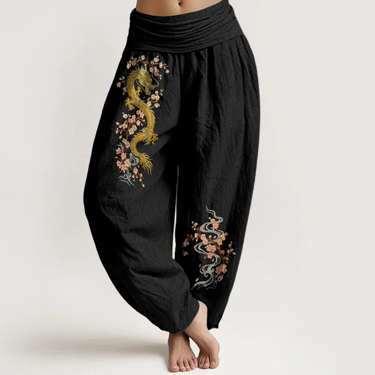 Cotton Golden Dragon Pink Blossom Pattern Women's Elastic Waist Harem Pants