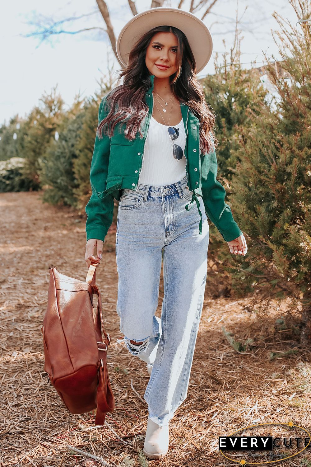 Green Faux Suede Button Down Cropped Jacket