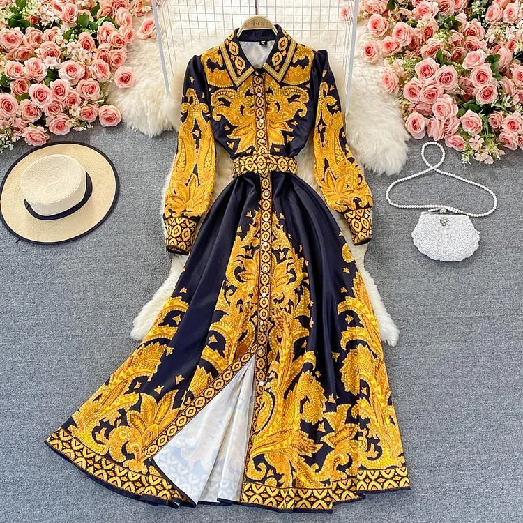 Flaxmaker Retro Printed Puff Sleeve Midi Shirt Dress