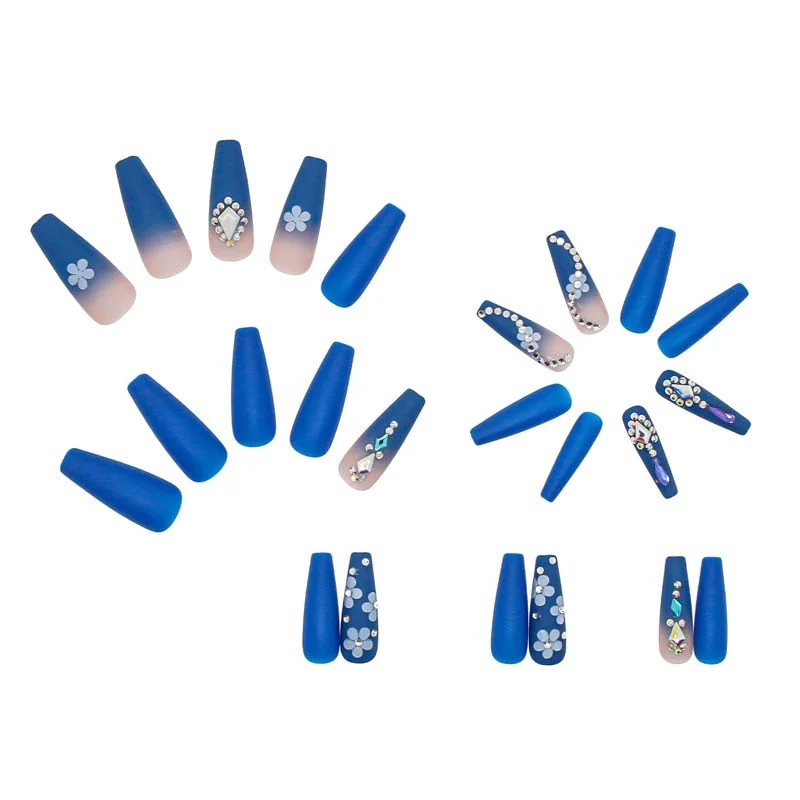 24pcs/Set False Nails Extra Long Blue Gradient Rhinestone Coffin Fake Nails Detachable Beauty Flower Ballerina Nail Art Tips-Nail Inspo