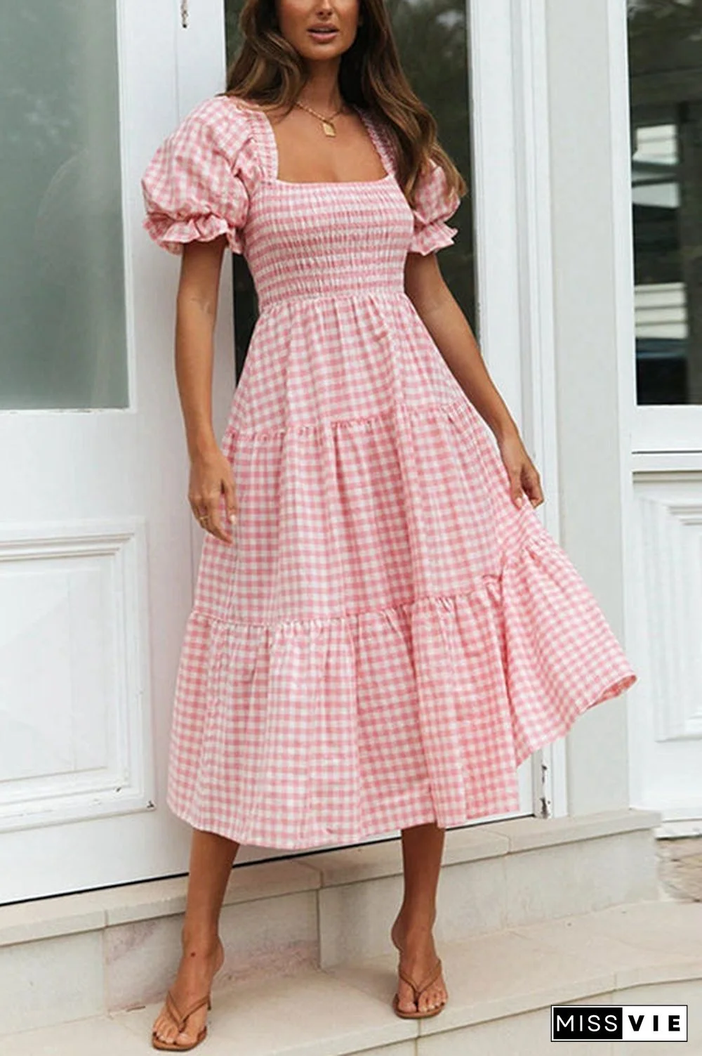 Plaid Square Neck Puff Sleeve Midi Dress