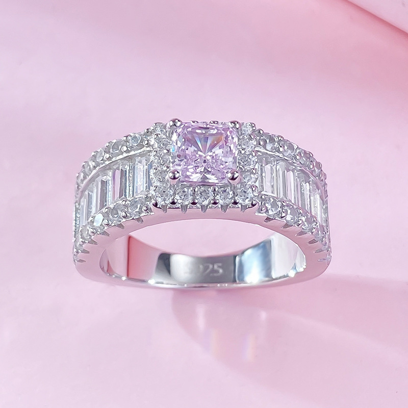 MIKAMU Jewelry S925 Pure Silver 5*5mm Pink Diamond Fashion Ring - Luxurious Full Micro-Set Design for Women, Ideal for Everyday and Gifting