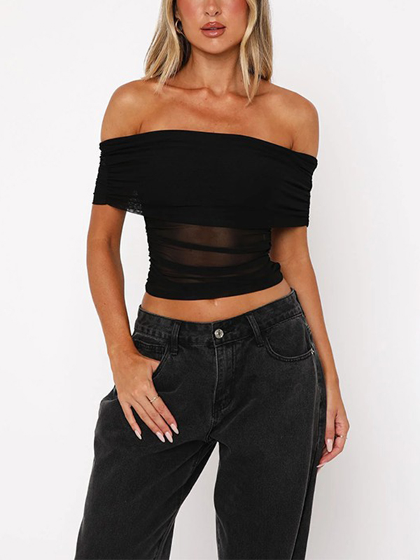 Mesh Off The Shoulder Ruched Solid Color Tops