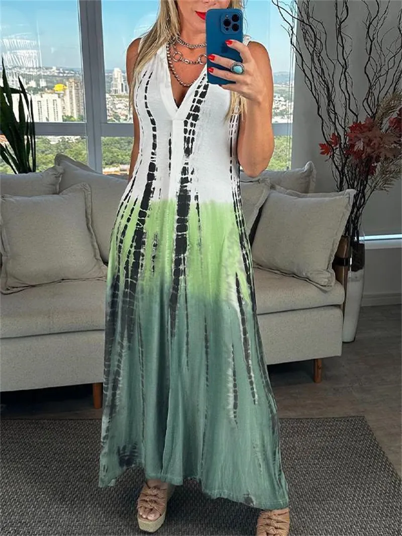 Women's Elegant Bohemian V- Neck Sleeveless Contrasting Colors Printed Tank Top Dress