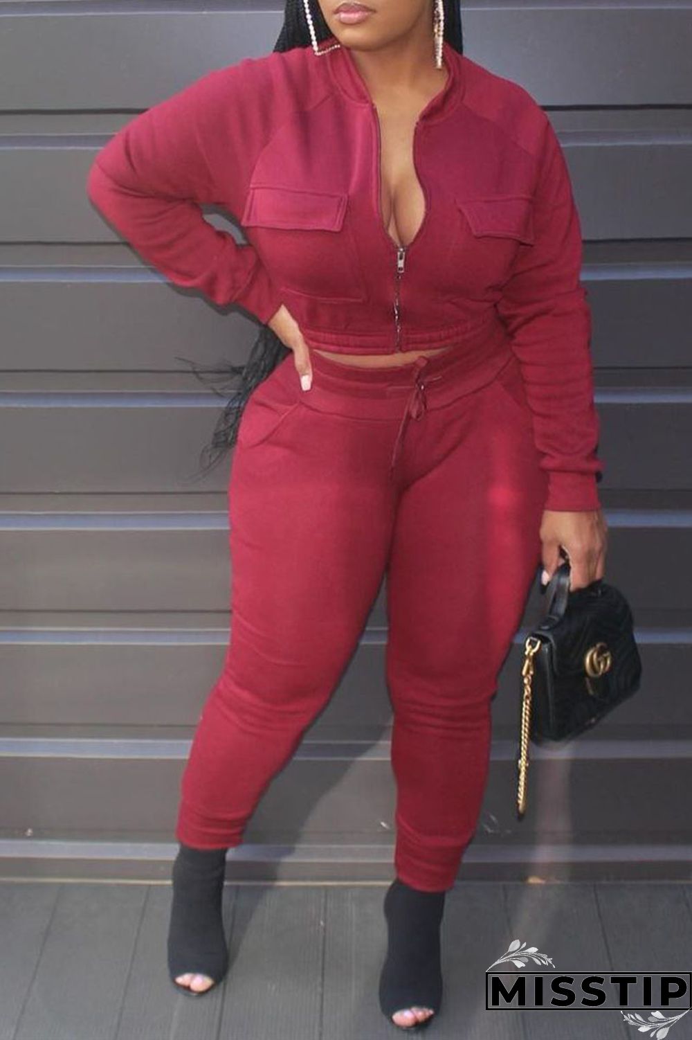Red Casual Solid Zipper Collar Long Sleeve Two Pieces