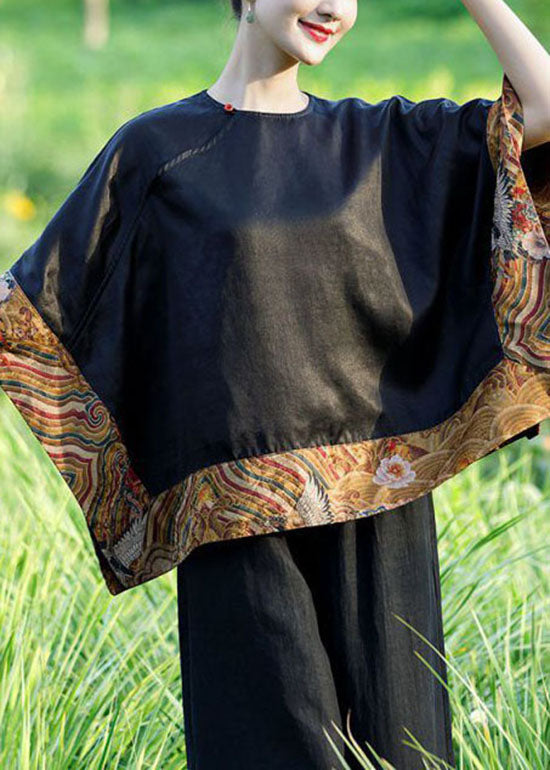 VCSHOES Loose Black O-Neck Asymmetrical Patchwork Silk Top Spring