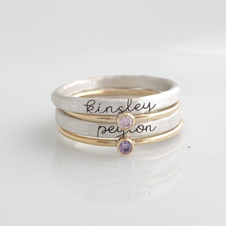 Personalized Stacking Birthstones & Customized Names Rings Best Gift for Family MOM, Wife, Girlfriend