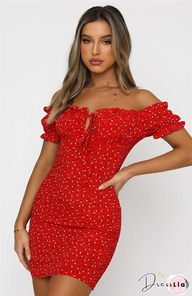 Women Floral Wrap Dress Off Shoulder Tie Up Front Ruffle Mini Dress Summer Office Lady Slash Neck Printed Pencil Dress