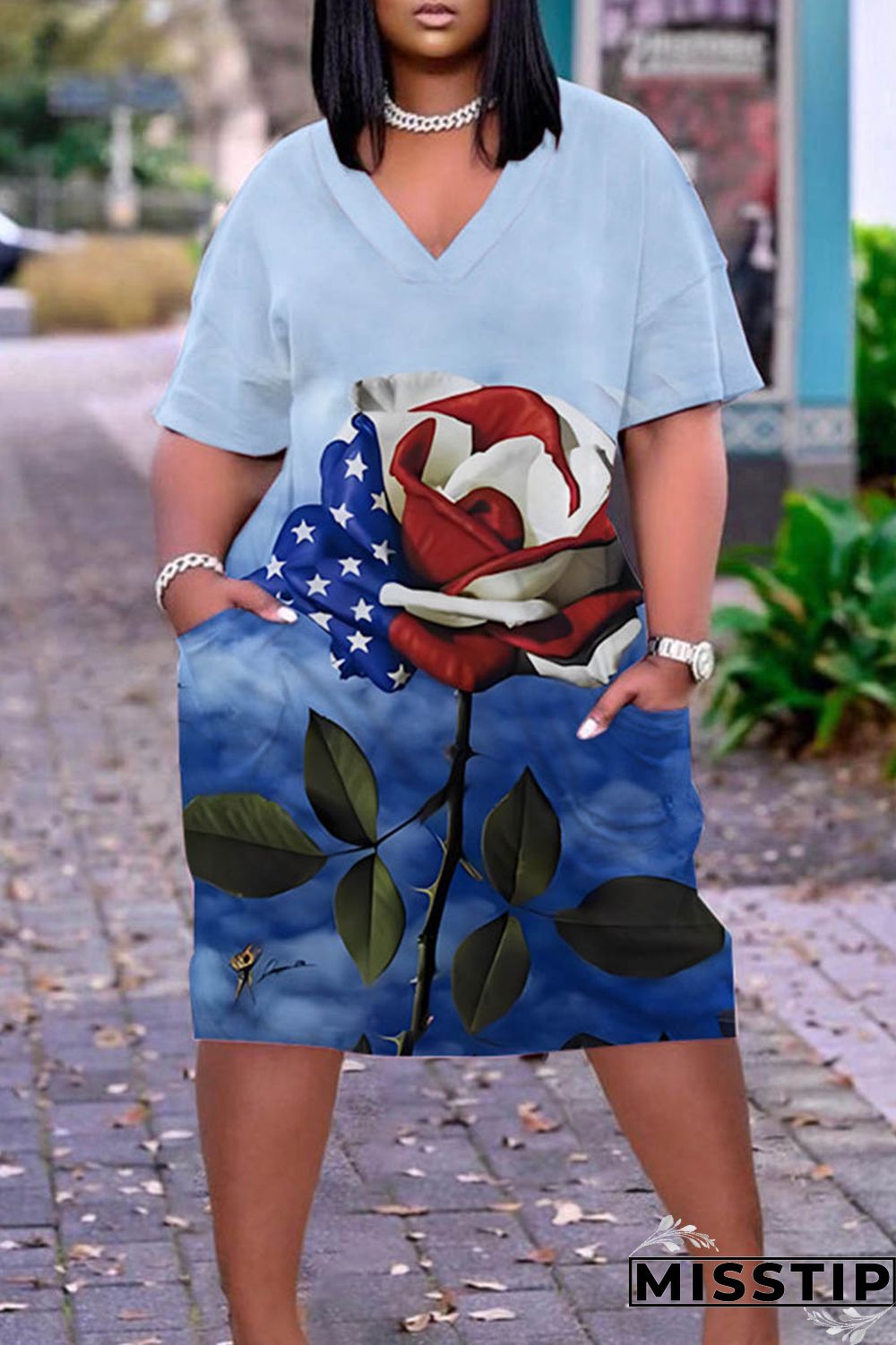 Light Blue Casual Print Patchwork Basic V Neck Short Sleeve Dress Plus Size Dresses