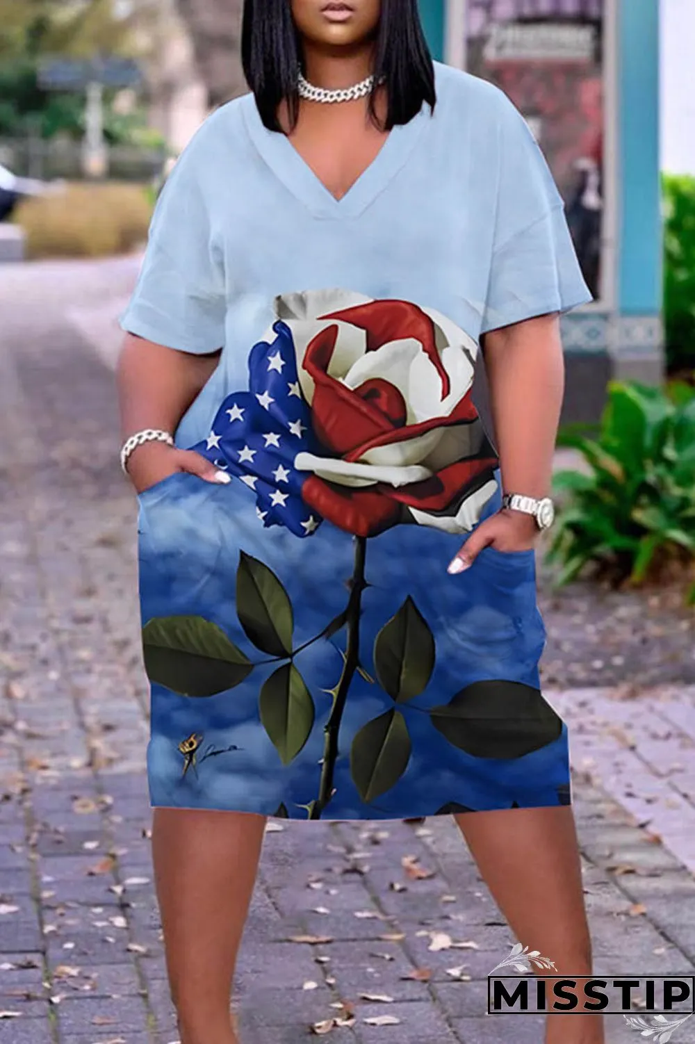 Light Blue Casual Print Patchwork Basic V Neck Short Sleeve Dress Plus Size Dresses
