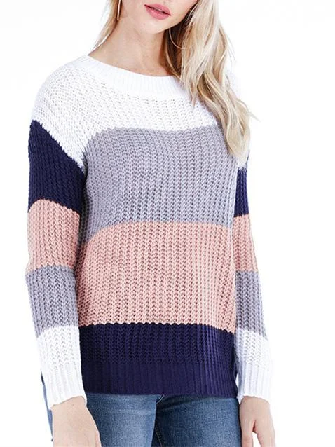 Women's Scoop Neck Long Sleeve Striped Stitching Sweater Top