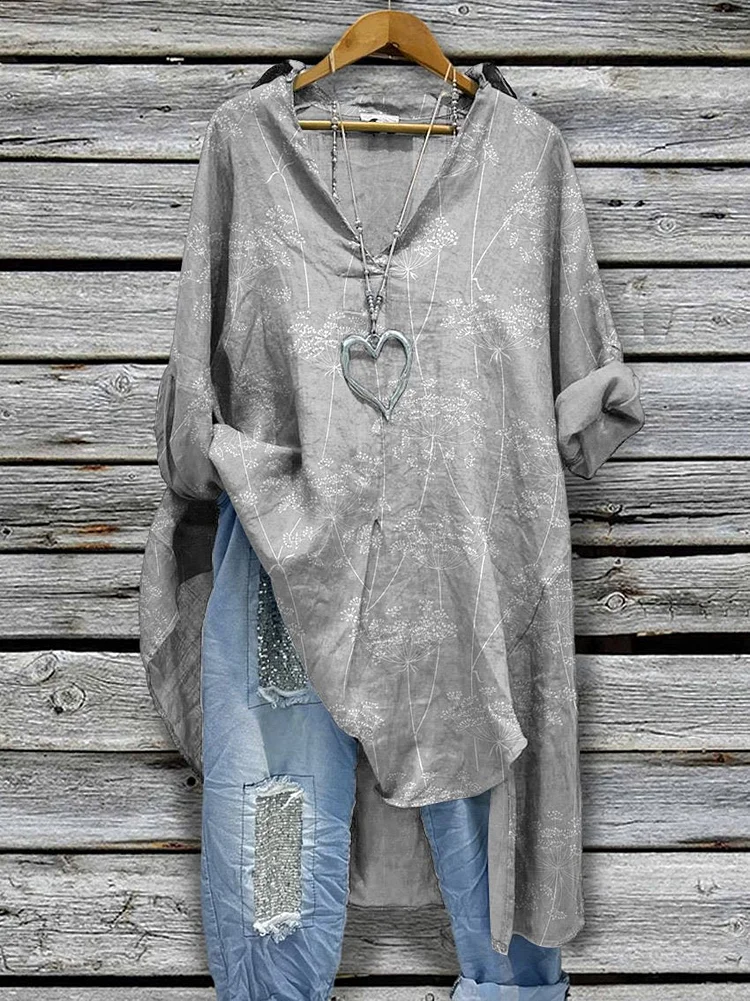 Women's Spring Dandelion Seamless Repeat Pattern Printed Casual Cotton And Linen Shirtdress