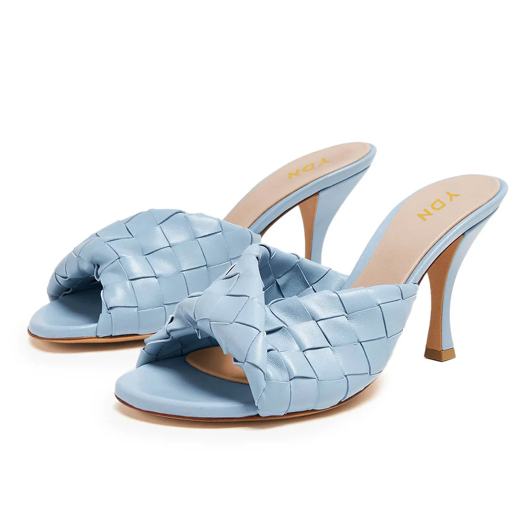 YDN Women's Sky Blue Open Toe Woven Strappy Spool Heel Mules Shoes