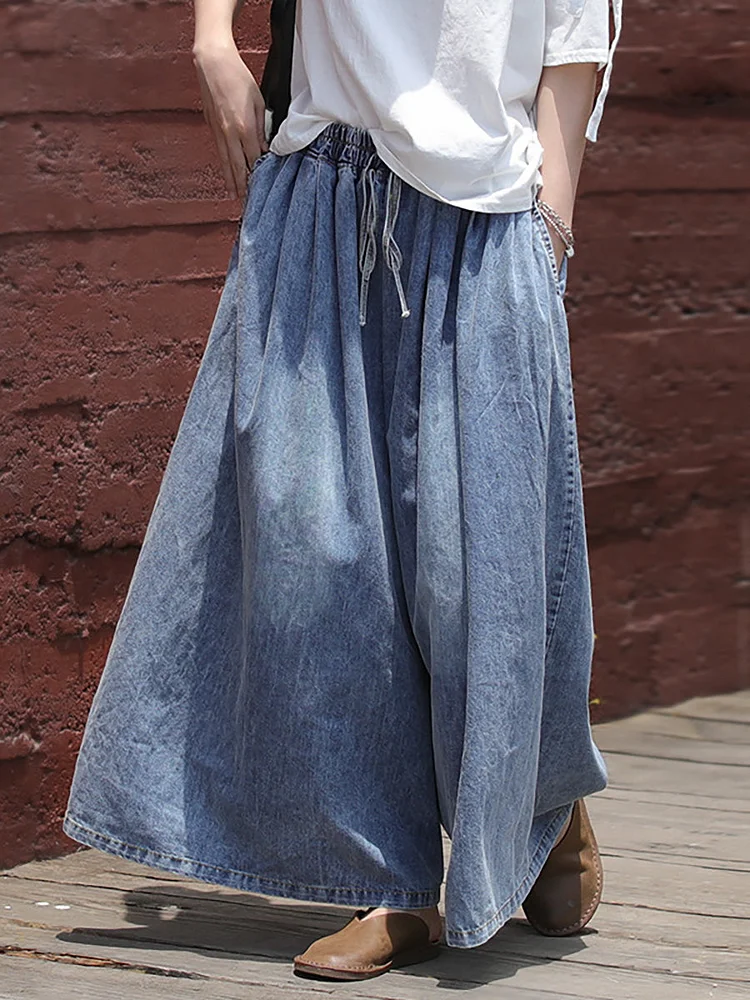 Plus Size Casual Drawstring Blue Denim Wide Leg Pants Jeans socialshop