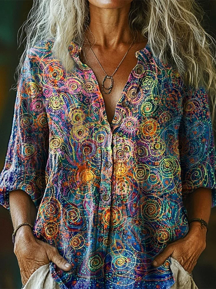 Colorful National Striped Arc Women's Print Casual Cotton Linen Shirt