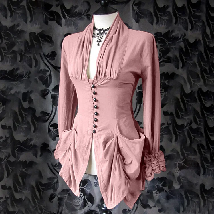 Vintage V Neck Single Breasted Long Sleeve Asymmetrical Blouse