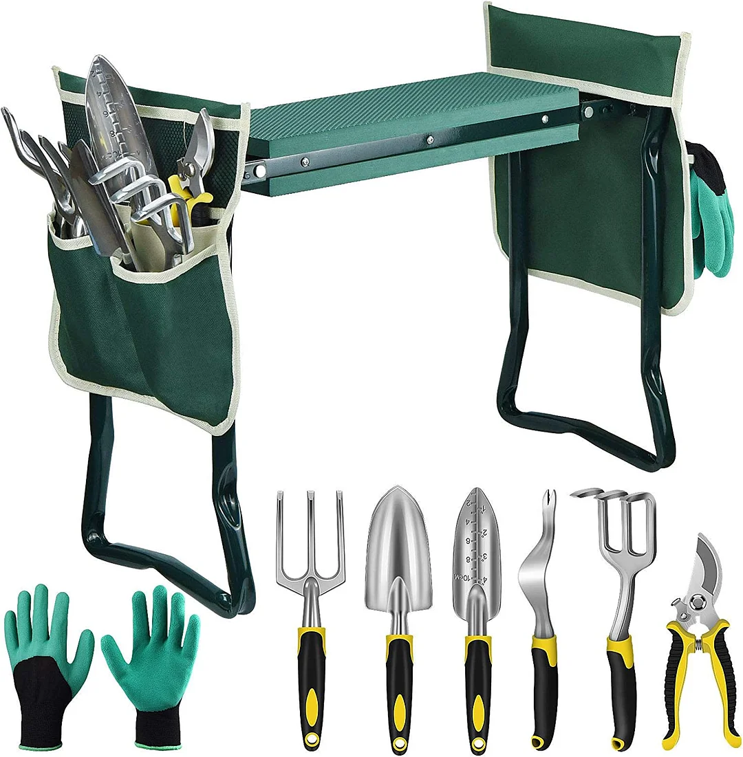  Garden Stool Foldable Heavy Duty Garden Bench with EVA Foam Kneeling Pad, Garden Tools, Gardening Gloves and Tools Bag, Gardening Gifts for Women/Mother and Men