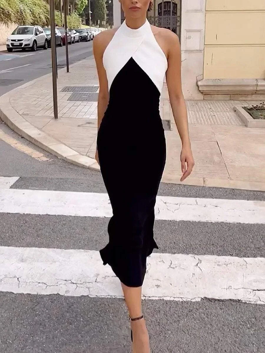Elegant classic sleeveless black and white evening dress