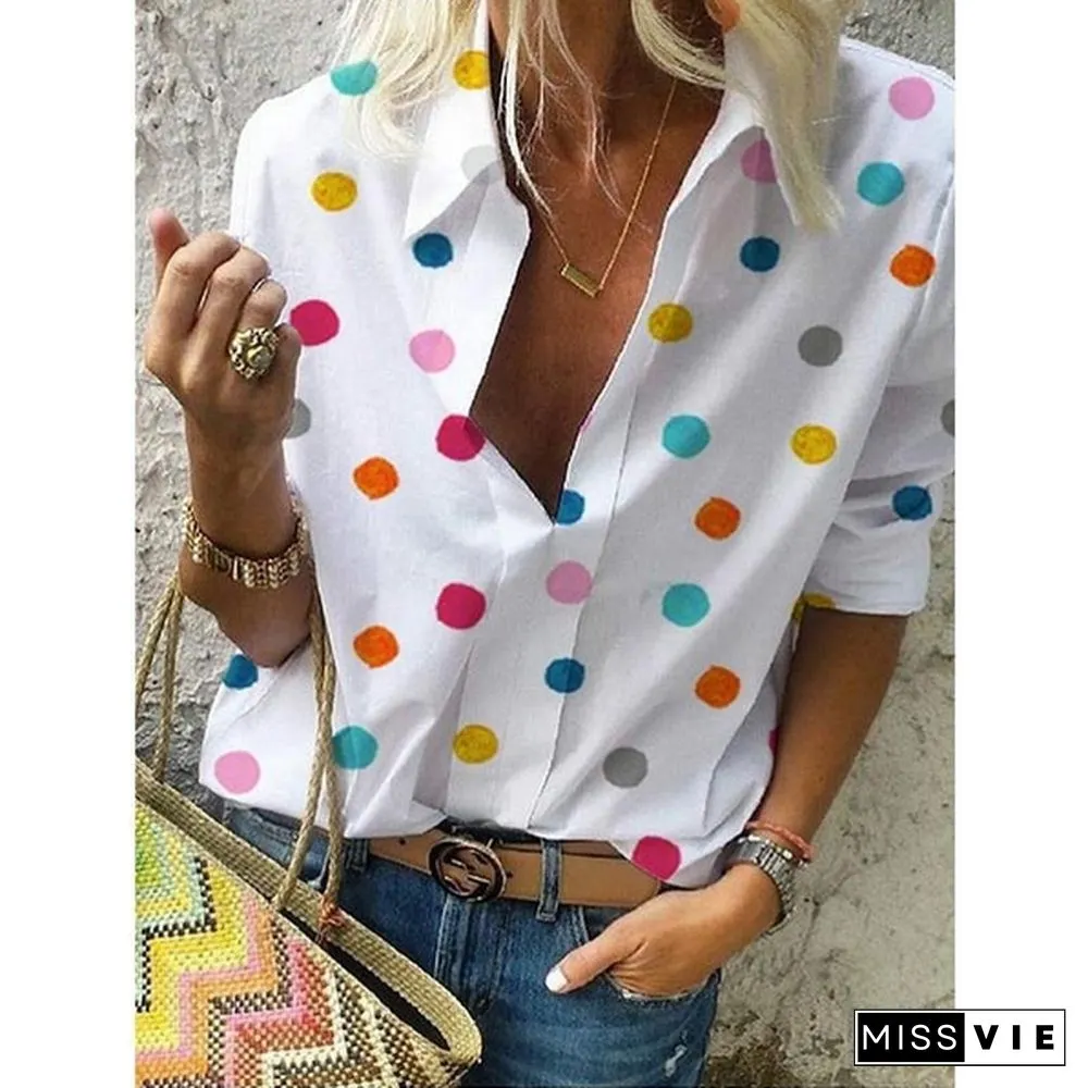 Women Long Sleeve Loose Casual Polka Dot Summer Shirts Blouse