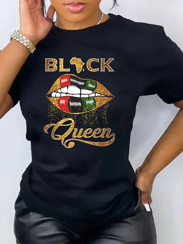 Black Queen Lip Print Short Sleeve T-Shirt