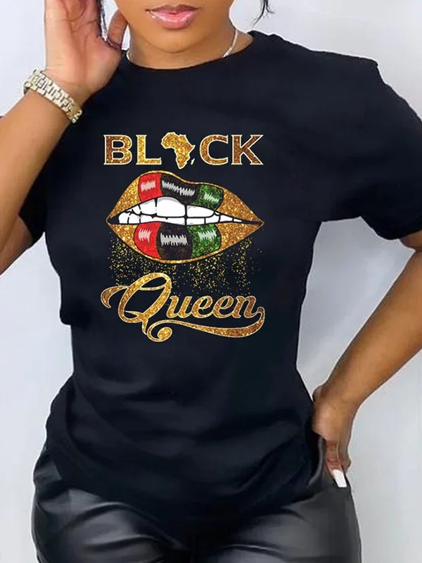 Comstylish Black Queen Lip Print Short Sleeve T-Shirt