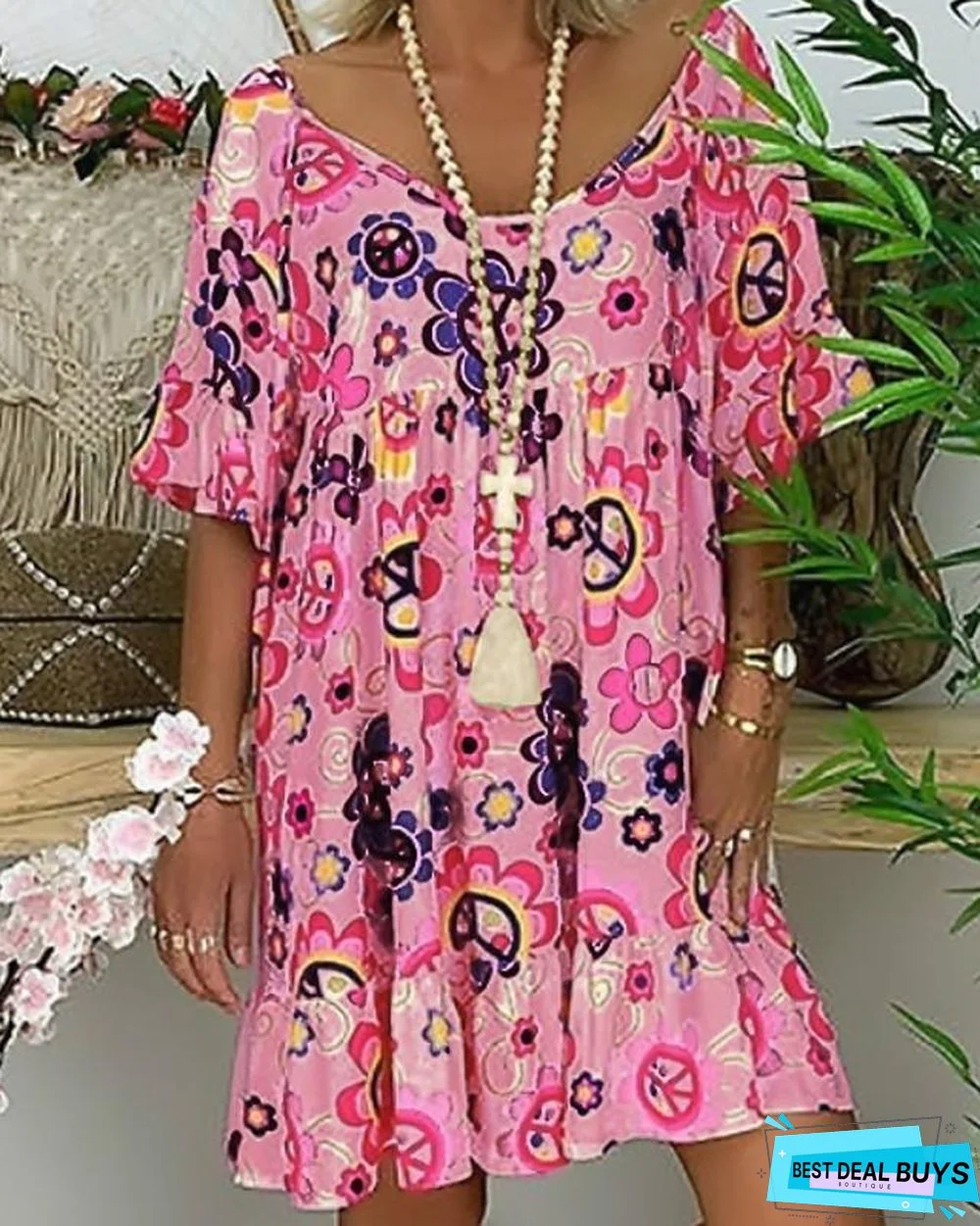 Women's Tunic Knee Length Dress - Short Sleeve Floral Print Summer Basic Hot White Blue Red Light Blue-0218817