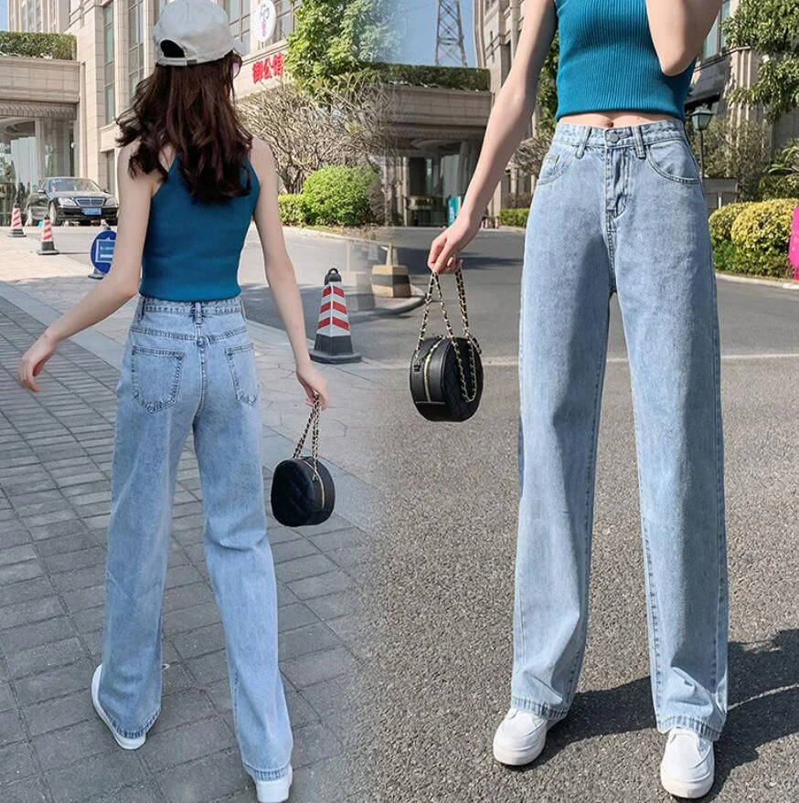 Wide leg Jeans For Women Blue Loose Pants High Waist Casual large size straight pants Boyfriend Straight Mom Jeans Streetwear