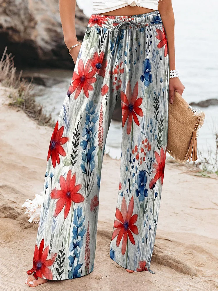 Women's 4th of July Independence Day flower Printed Cotton And Linen Casual Pants