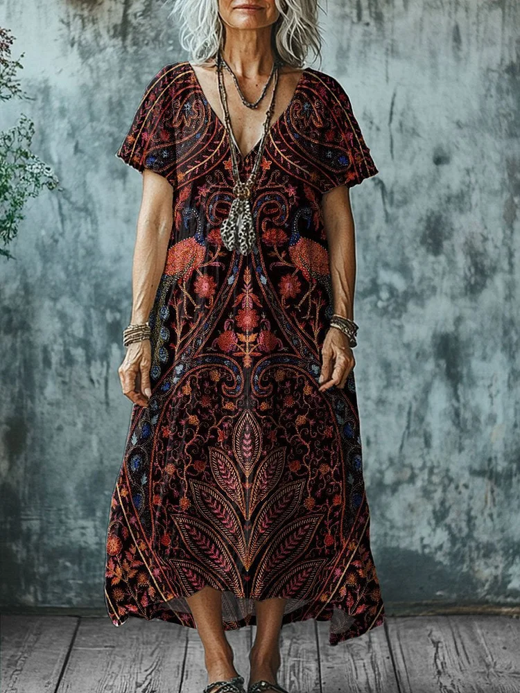 Women's  Vintage Symmetry Art Print Pocket Cotton Dress