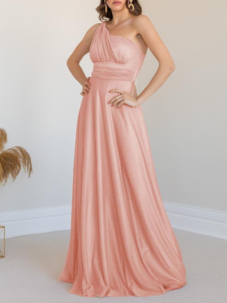Neosepa-Pink Single Shoulder Ruching Detail Sleeveless Slim Waist Maxi Dress