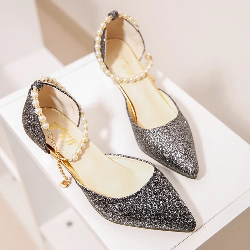 Sexy Pointed toe Pearl High heels shoes Female Fashion hollow with Sandals Paillette of the Thin Breathable shoes Women Pumps
