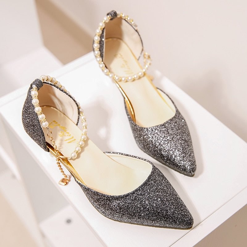 Comemore 2022 Trend Pointed Toe Wedding Bride High Heels Shoes Female Low Small Heel Sandals Party Mules Gold Silver Women Pumps
